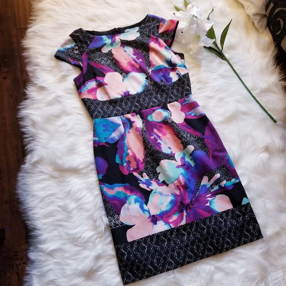 ANTONIO MELANI Black and Purple Sheath Mini Dress